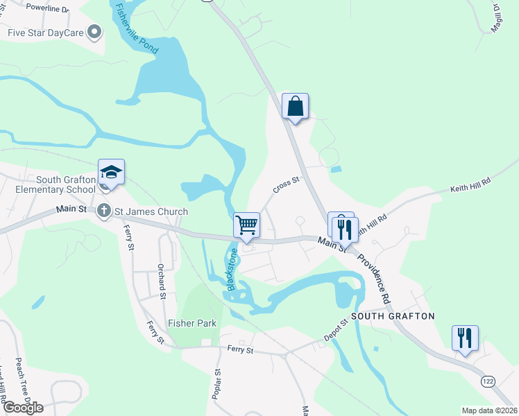 map of restaurants, bars, coffee shops, grocery stores, and more near 20 D Cross Street in Grafton
