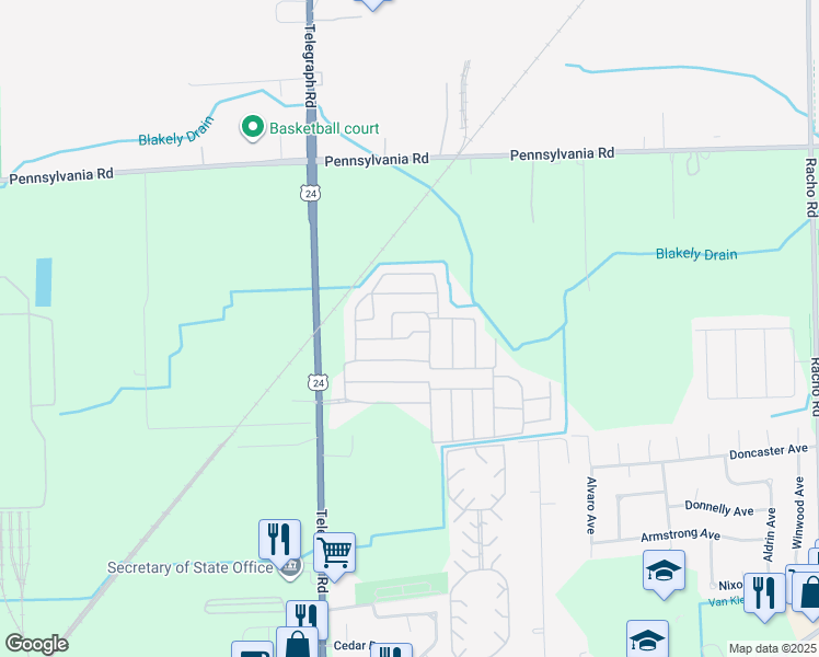 map of restaurants, bars, coffee shops, grocery stores, and more near 23672 Maple Lane in Brownstown Charter Township