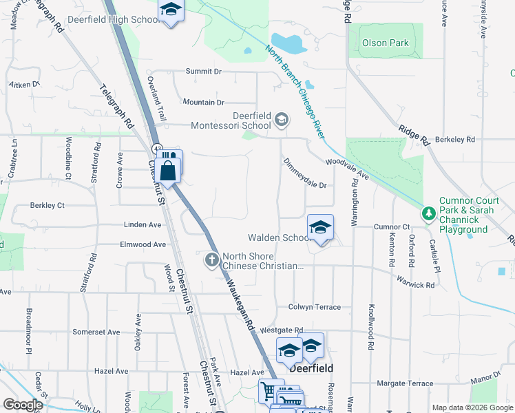 map of restaurants, bars, coffee shops, grocery stores, and more near 1411 Northwoods Road in Deerfield