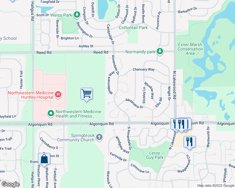map of restaurants, bars, coffee shops, grocery stores, and more near 301 Windermere Way in Lake in the Hills