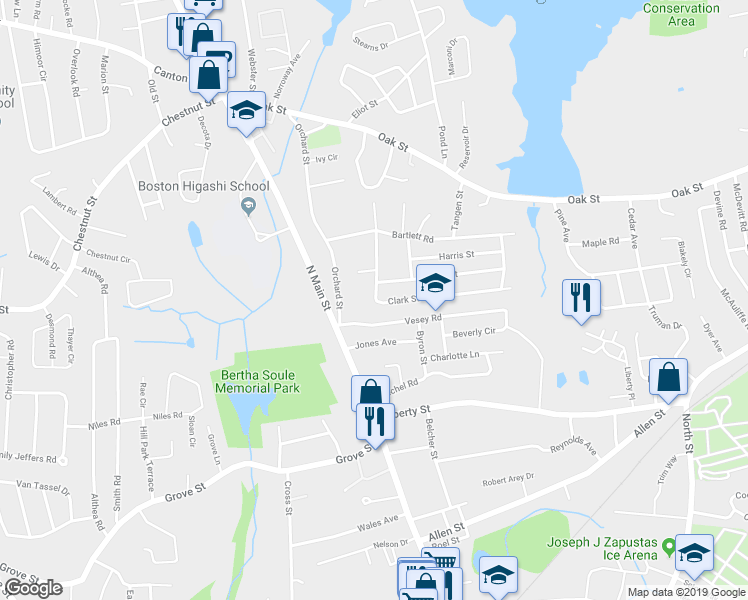 map of restaurants, bars, coffee shops, grocery stores, and more near 13 Clark Street in Randolph