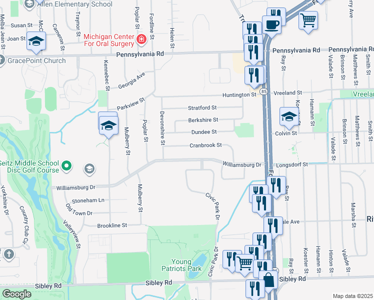 map of restaurants, bars, coffee shops, grocery stores, and more near 14289 Cranbrook Street in Riverview