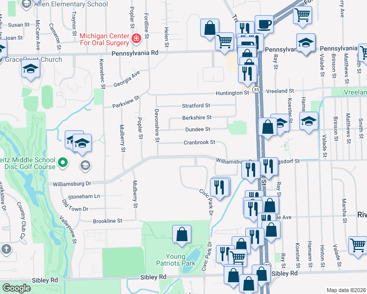 map of restaurants, bars, coffee shops, grocery stores, and more near 14289 Cranbrook Street in Riverview