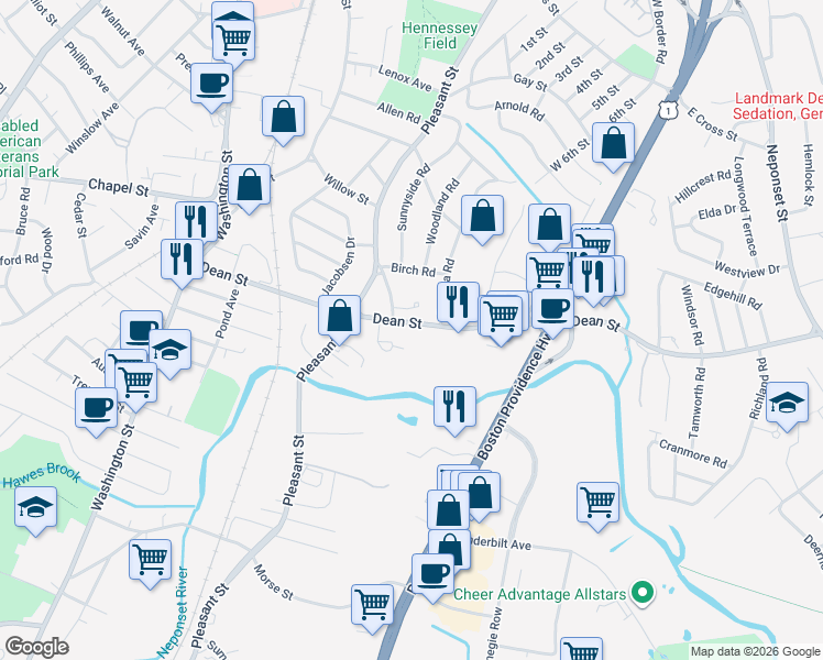 map of restaurants, bars, coffee shops, grocery stores, and more near 163 Dean Street in Norwood