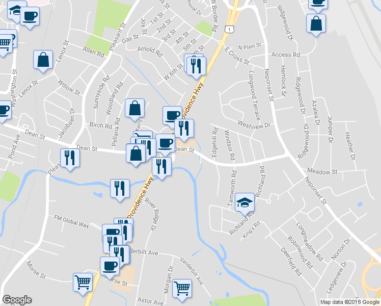 map of restaurants, bars, coffee shops, grocery stores, and more near 257 Dean Street in Norwood