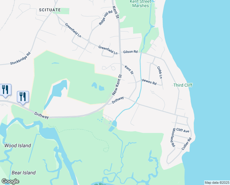 map of restaurants, bars, coffee shops, grocery stores, and more near 10 New Kent Street in Scituate