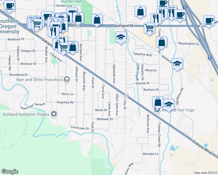 map of restaurants, bars, coffee shops, grocery stores, and more near 2004 Siskiyou Boulevard in Ashland