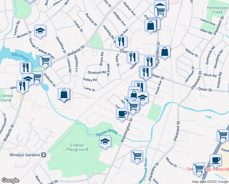 map of restaurants, bars, coffee shops, grocery stores, and more near 83 Austin Street in Norwood