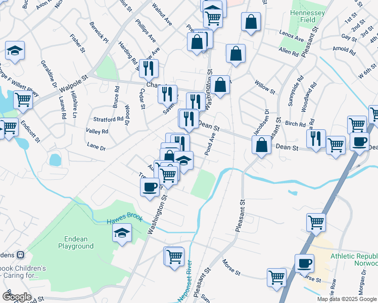 map of restaurants, bars, coffee shops, grocery stores, and more near 8 Saint James Avenue in Norwood
