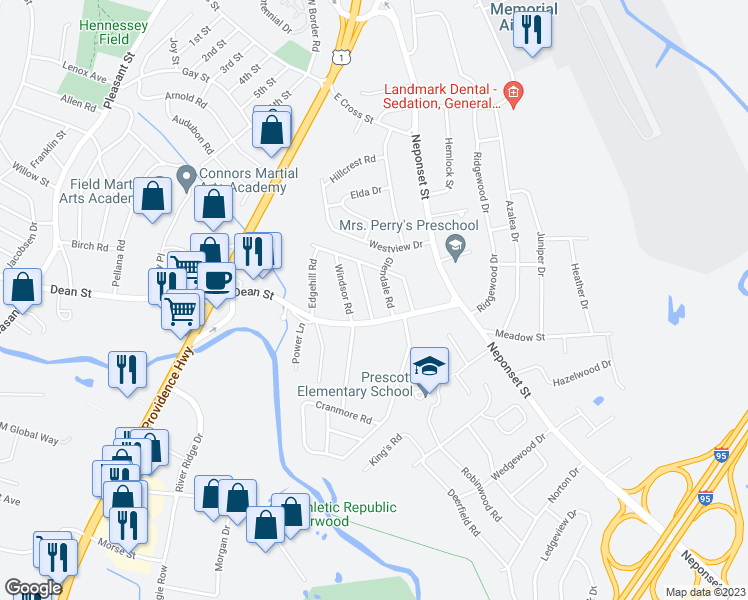 map of restaurants, bars, coffee shops, grocery stores, and more near 15 Lancaster Lane in Norwood