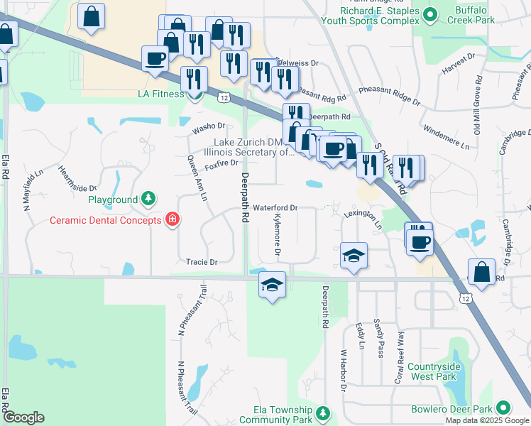 map of restaurants, bars, coffee shops, grocery stores, and more near 345 Waterford Drive in Lake Zurich
