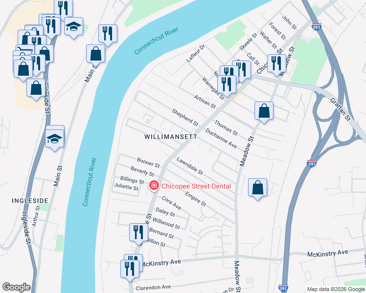 map of restaurants, bars, coffee shops, grocery stores, and more near 490 Chicopee Street in Chicopee