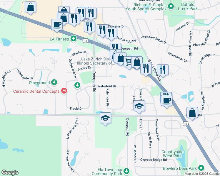 map of restaurants, bars, coffee shops, grocery stores, and more near 1170 Lismore Court in Lake Zurich