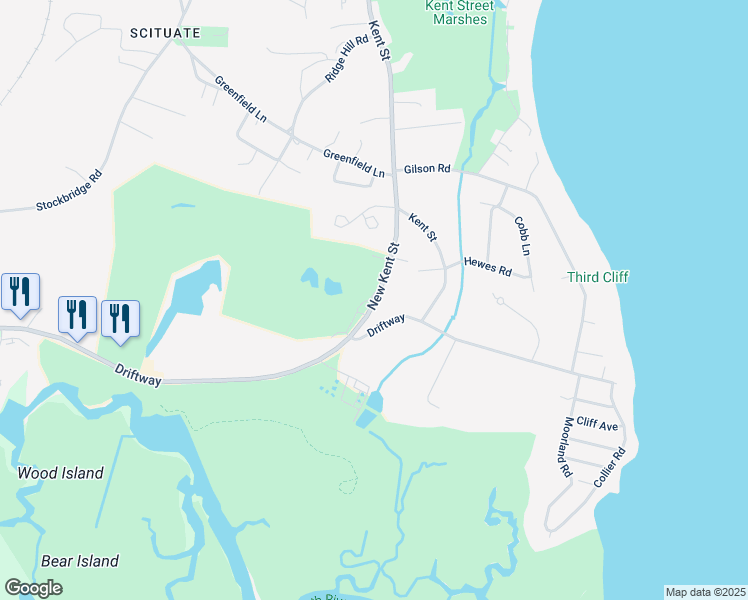 map of restaurants, bars, coffee shops, grocery stores, and more near 10 New Kent Street in Scituate
