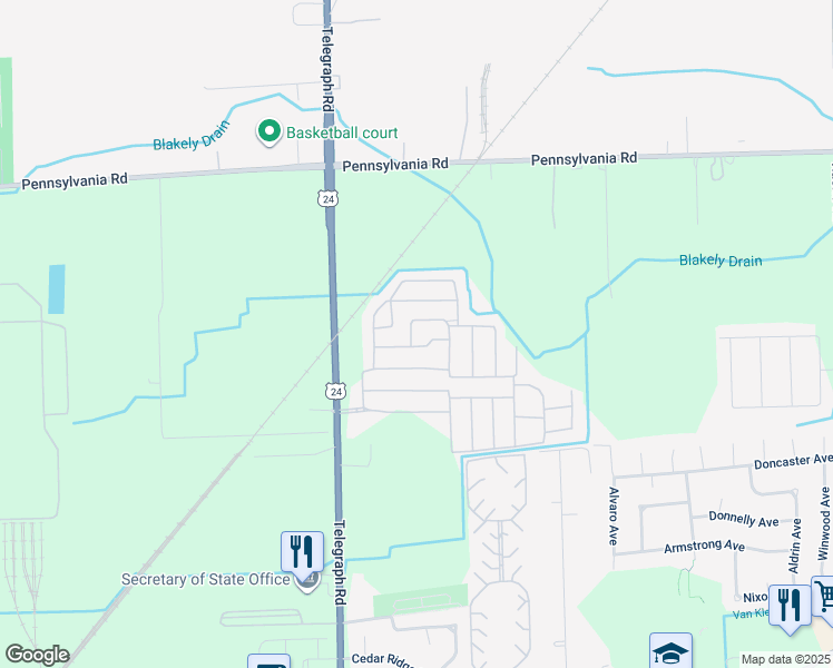 map of restaurants, bars, coffee shops, grocery stores, and more near 23672 Maple Lane in Brownstown Charter Township