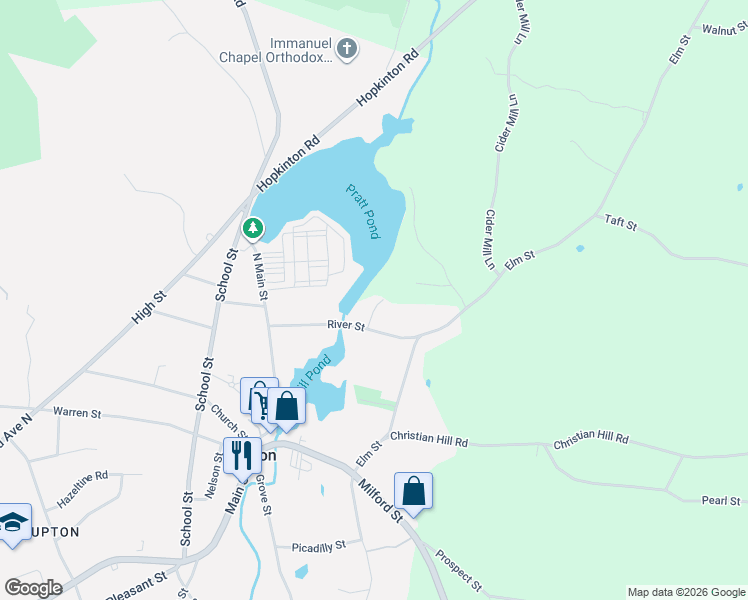 map of restaurants, bars, coffee shops, grocery stores, and more near 26 River Street in Upton