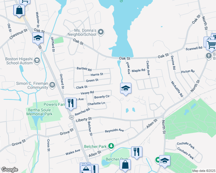 map of restaurants, bars, coffee shops, grocery stores, and more near 57 Vesey Road in Randolph