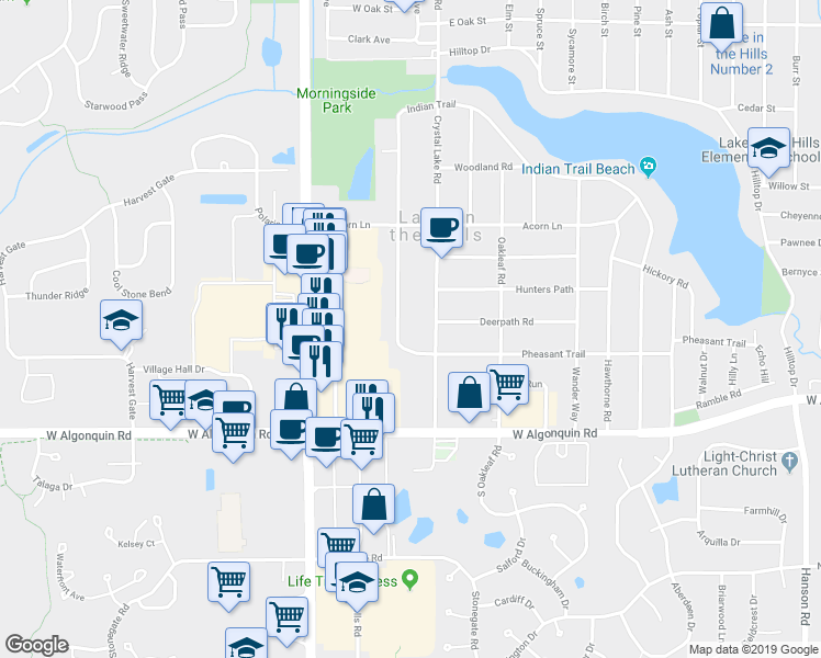 map of restaurants, bars, coffee shops, grocery stores, and more near 107 Village Creek Drive in Lake in the Hills