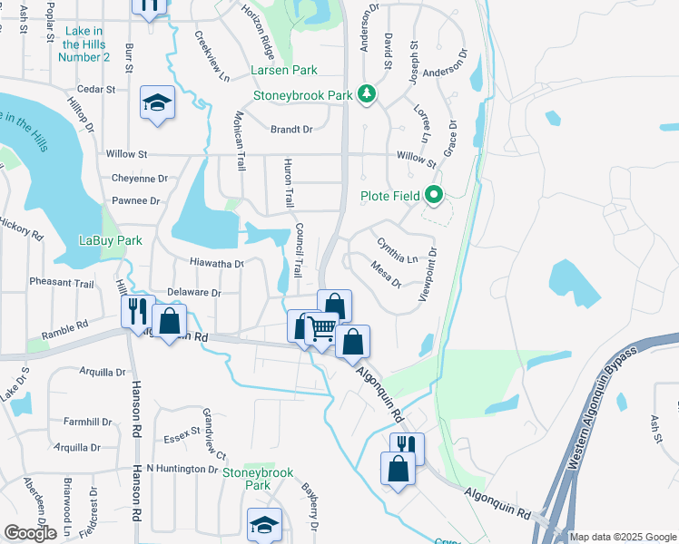 map of restaurants, bars, coffee shops, grocery stores, and more near 918 Windstone Court in Lake in the Hills