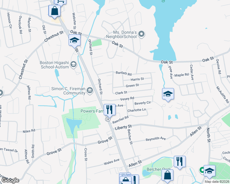 map of restaurants, bars, coffee shops, grocery stores, and more near 19 Clark Street in Randolph
