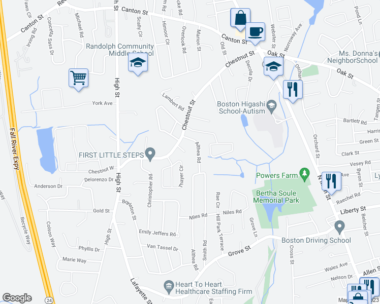 map of restaurants, bars, coffee shops, grocery stores, and more near 12 Rose Way in Randolph