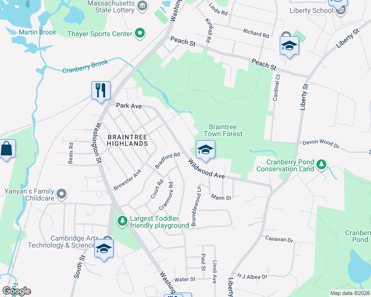map of restaurants, bars, coffee shops, grocery stores, and more near 84 Wildwood Avenue in Braintree