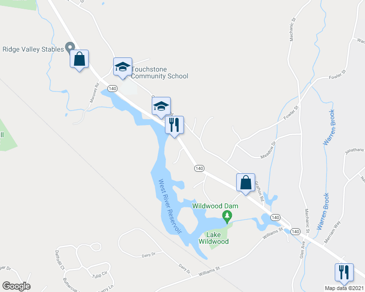 map of restaurants, bars, coffee shops, grocery stores, and more near 64 West Main Street in Upton