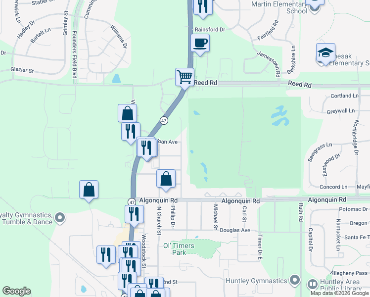 map of restaurants, bars, coffee shops, grocery stores, and more near 10320 Cindy Jo Avenue in Huntley