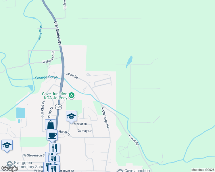 map of restaurants, bars, coffee shops, grocery stores, and more near 235 Cedar Brook Lane in Cave Junction