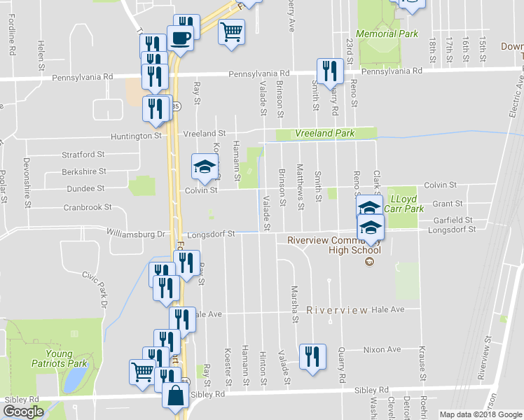map of restaurants, bars, coffee shops, grocery stores, and more near 17762 Valade Street in Riverview