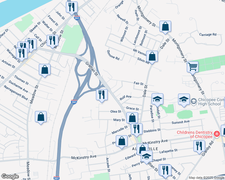 map of restaurants, bars, coffee shops, grocery stores, and more near 869-891 Grattan St in Chicopee