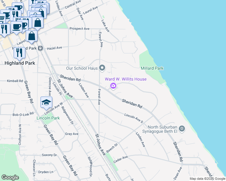 map of restaurants, bars, coffee shops, grocery stores, and more near 1440 Sheridan Road in Highland Park
