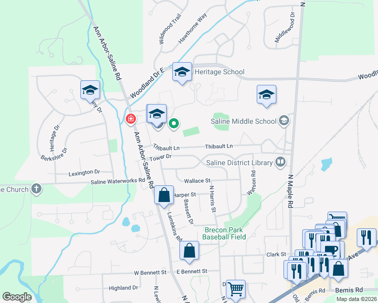 map of restaurants, bars, coffee shops, grocery stores, and more near 174 Tower Drive in Saline