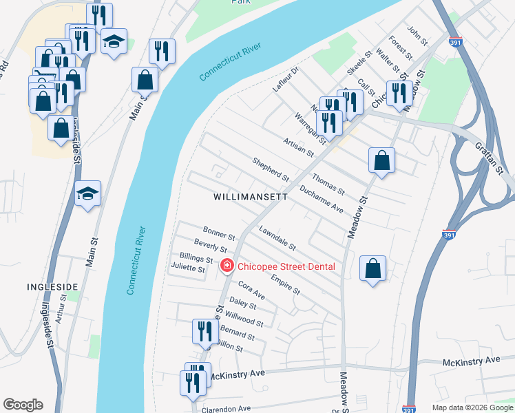 map of restaurants, bars, coffee shops, grocery stores, and more near 490 Chicopee Street in Chicopee