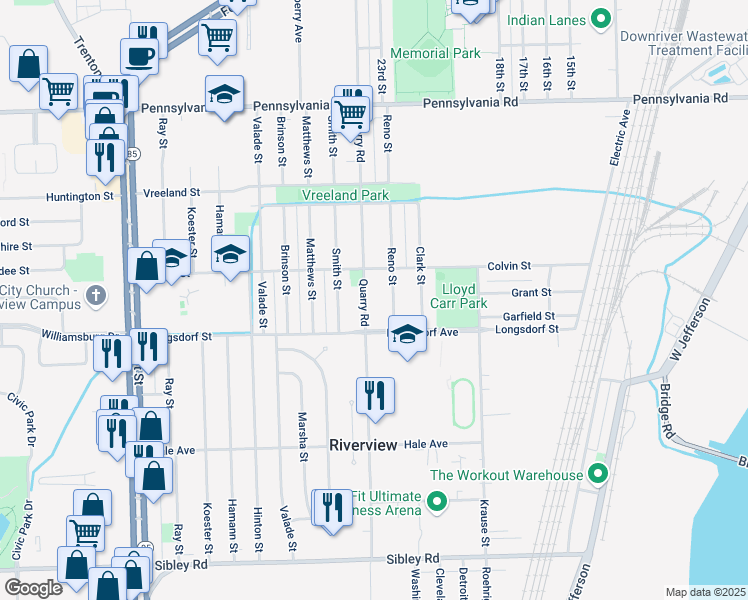 map of restaurants, bars, coffee shops, grocery stores, and more near 17796 Quarry Road in Riverview