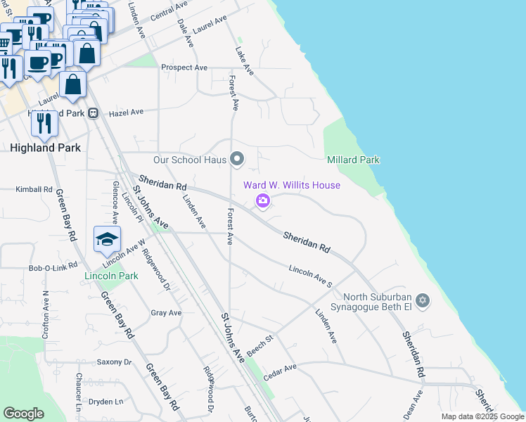 map of restaurants, bars, coffee shops, grocery stores, and more near 1445 Sheridan Road in Highland Park