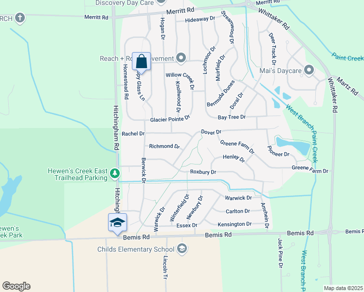 map of restaurants, bars, coffee shops, grocery stores, and more near 7395 Dover Drive in Ypsilanti