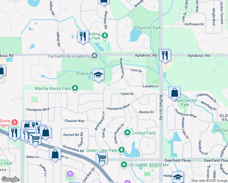 map of restaurants, bars, coffee shops, grocery stores, and more near 612 Caren Drive in Buffalo Grove