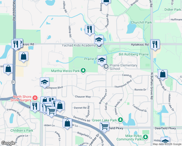 map of restaurants, bars, coffee shops, grocery stores, and more near 810 Kingsbridge Way in Buffalo Grove
