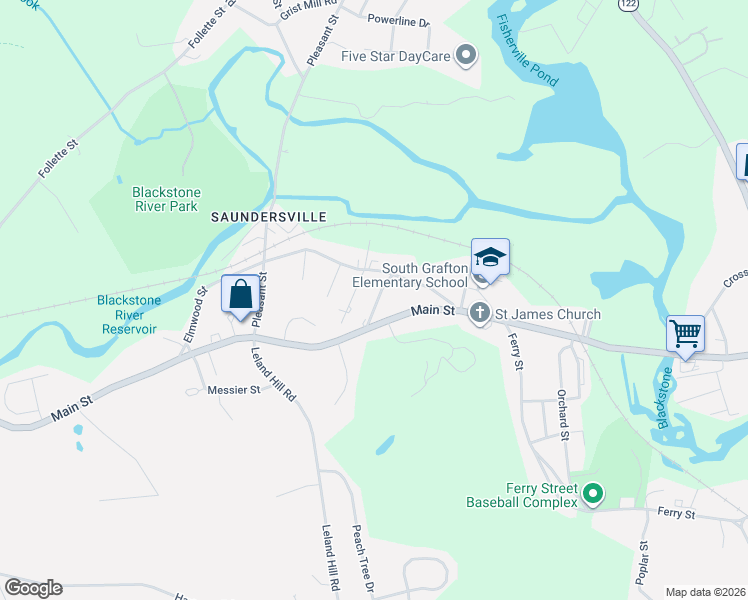 map of restaurants, bars, coffee shops, grocery stores, and more near 116 Main Street in Grafton