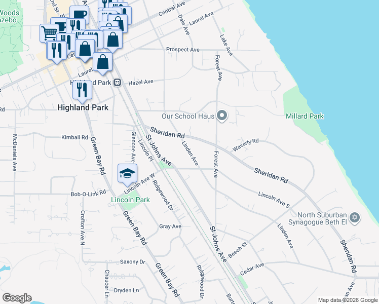 map of restaurants, bars, coffee shops, grocery stores, and more near 1415 Saint Johns Avenue in Highland Park