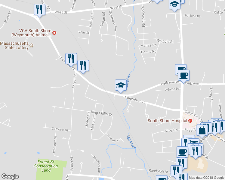 map of restaurants, bars, coffee shops, grocery stores, and more near 333 Columbian Street in Weymouth