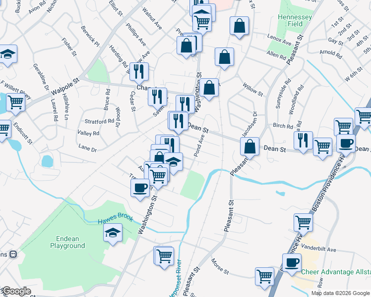 map of restaurants, bars, coffee shops, grocery stores, and more near 8 Saint James Avenue in Norwood