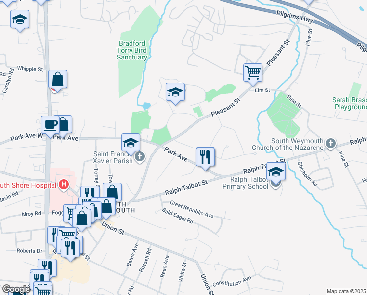 map of restaurants, bars, coffee shops, grocery stores, and more near 209 Park Avenue in Weymouth