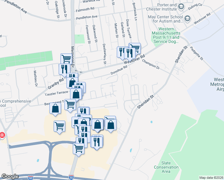 map of restaurants, bars, coffee shops, grocery stores, and more near 2-28 Maui Drive in Chicopee