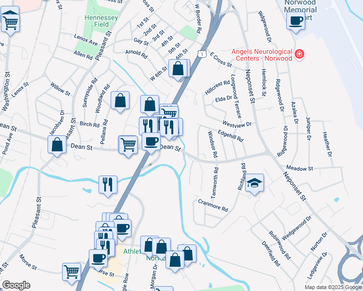 map of restaurants, bars, coffee shops, grocery stores, and more near 257 Dean Street in Norwood