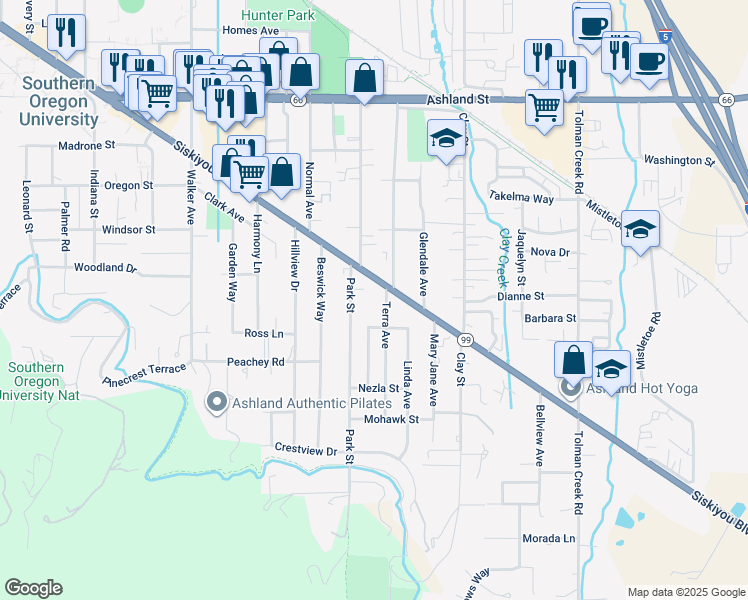 map of restaurants, bars, coffee shops, grocery stores, and more near 1929 Verda Street in Ashland
