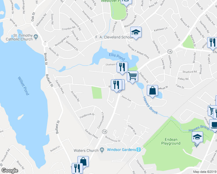 map of restaurants, bars, coffee shops, grocery stores, and more near 56 Wilson Street in Norwood