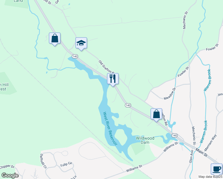 map of restaurants, bars, coffee shops, grocery stores, and more near 64 West Main Street in Upton