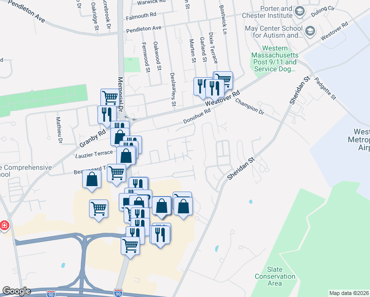 map of restaurants, bars, coffee shops, grocery stores, and more near 2-28 Maui Drive in Chicopee